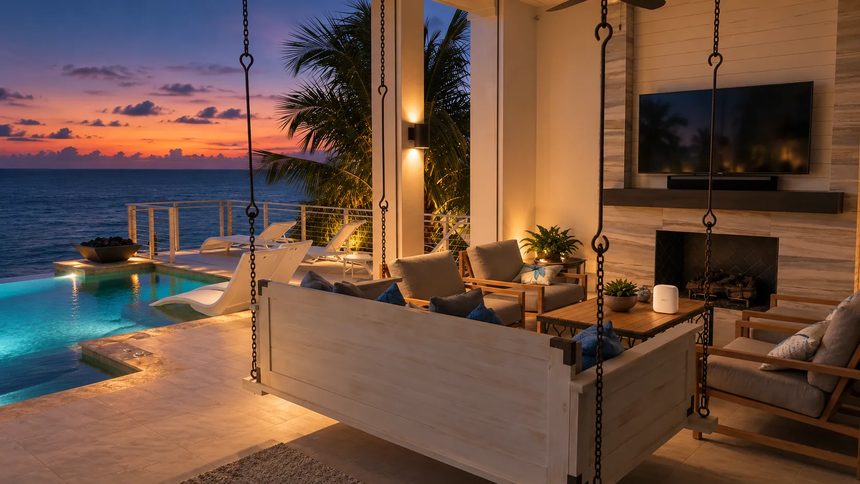 Dusk lanai and living room — whole-home Wi-Fi coverage