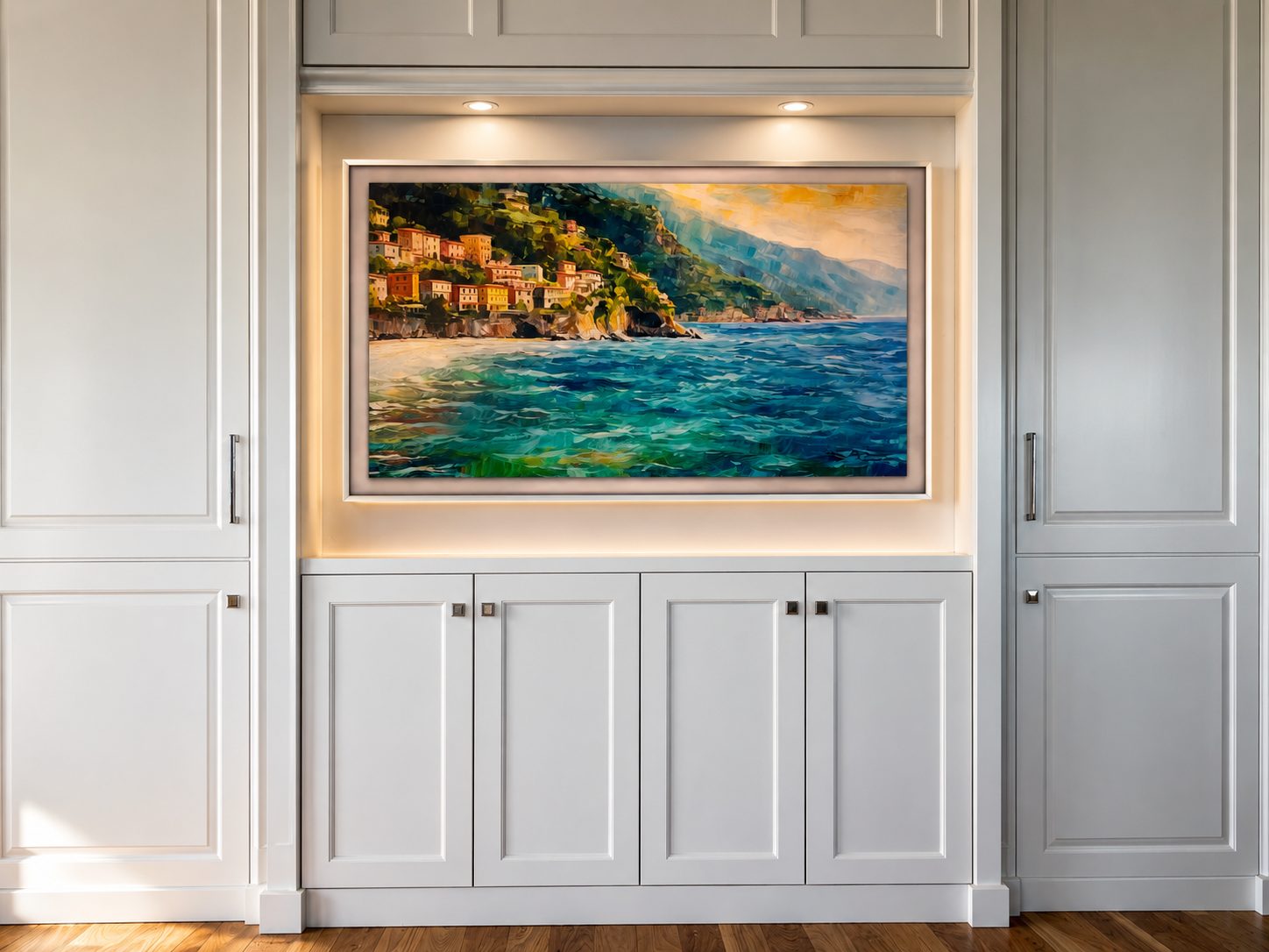 The Frame in a white millwork niche, coastal painting in Art Mode — Pelican Bay
