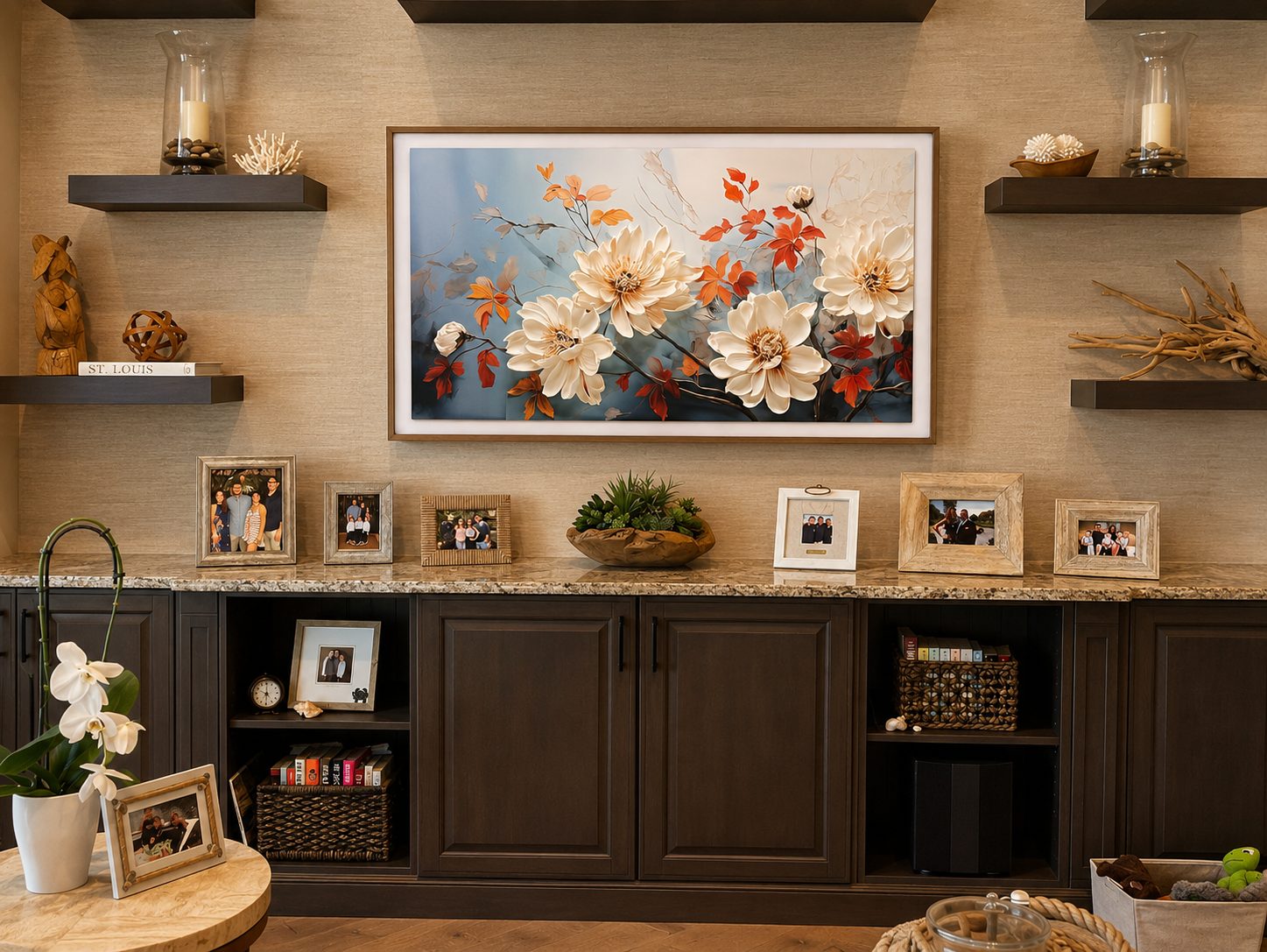 The Frame among family photos and shelves, floral art in Art Mode — Miromar Lakes