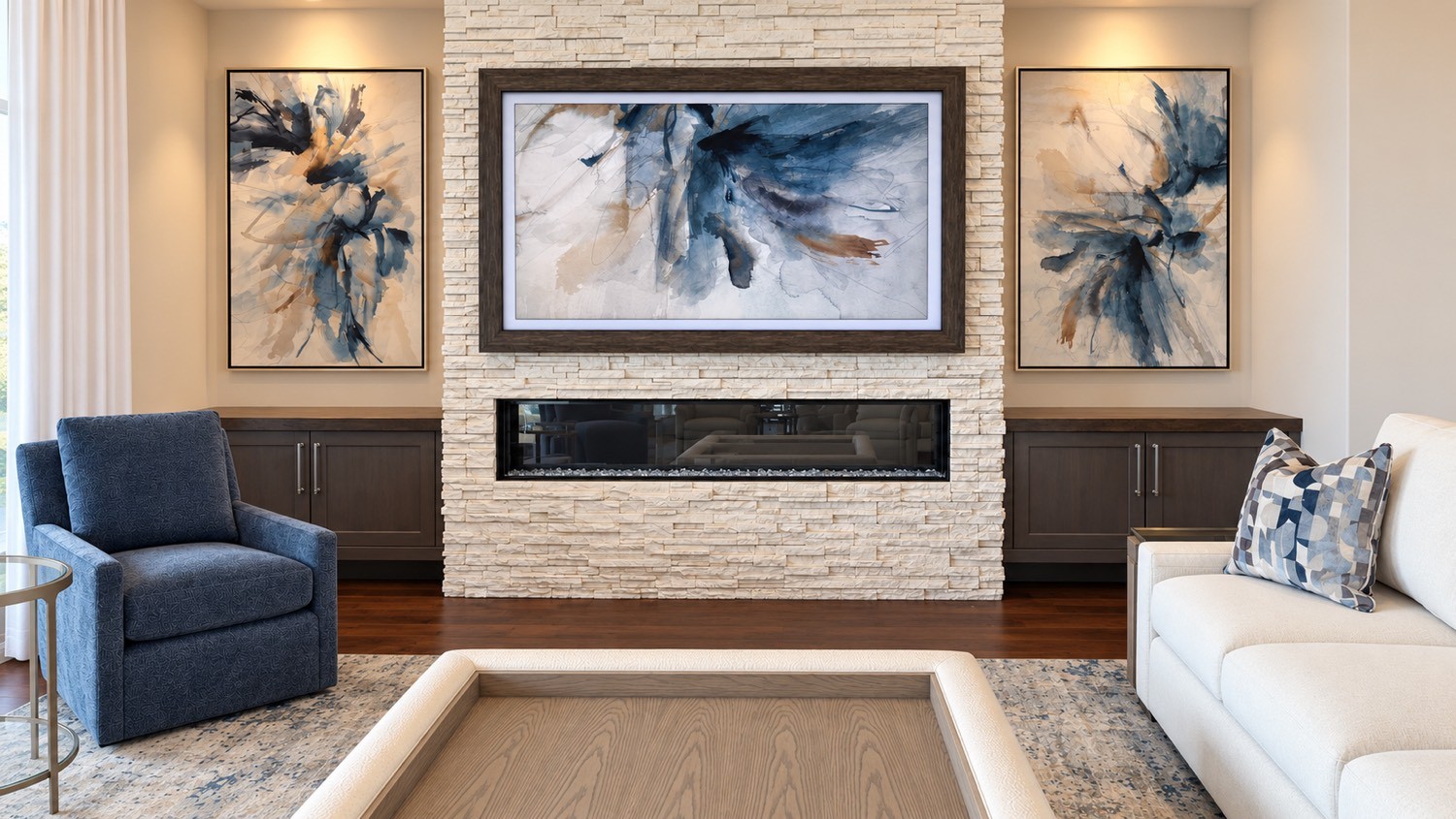 The Frame in Art Mode — abstract painting over a stone fireplace